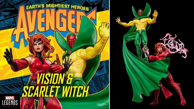 Featured image showcasing the Marvel Legends Series Vision & Scarlet Witch 6-inch action figures inspired by Avengers: The Crossing, with promotional artwork alongside the posed figures.