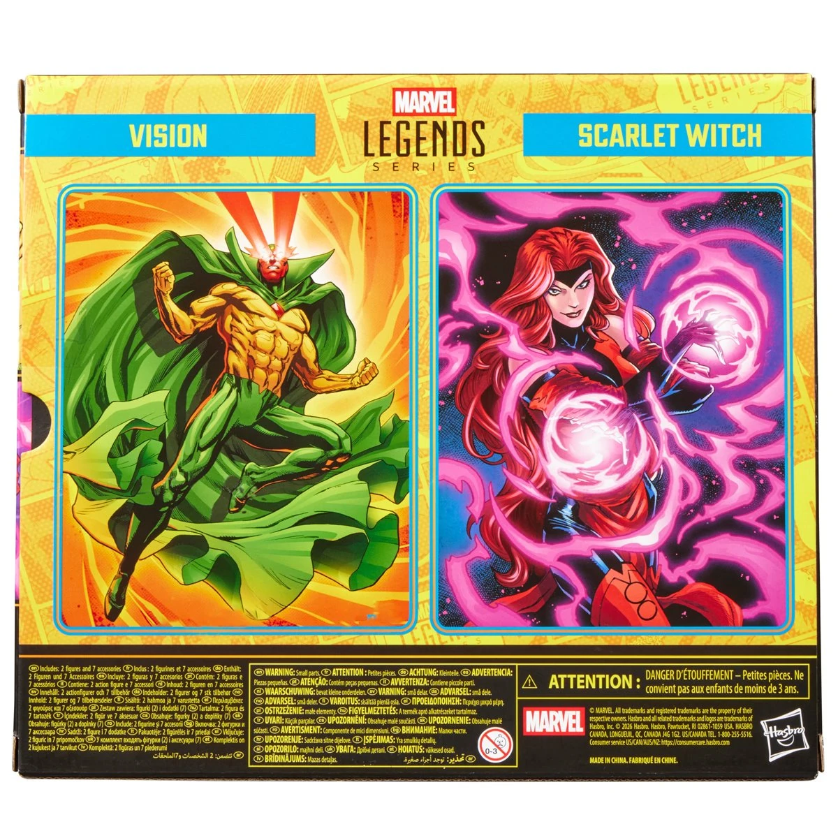 Back of the Marvel Legends Vision and Scarlet Witch packaging featuring comic artwork.