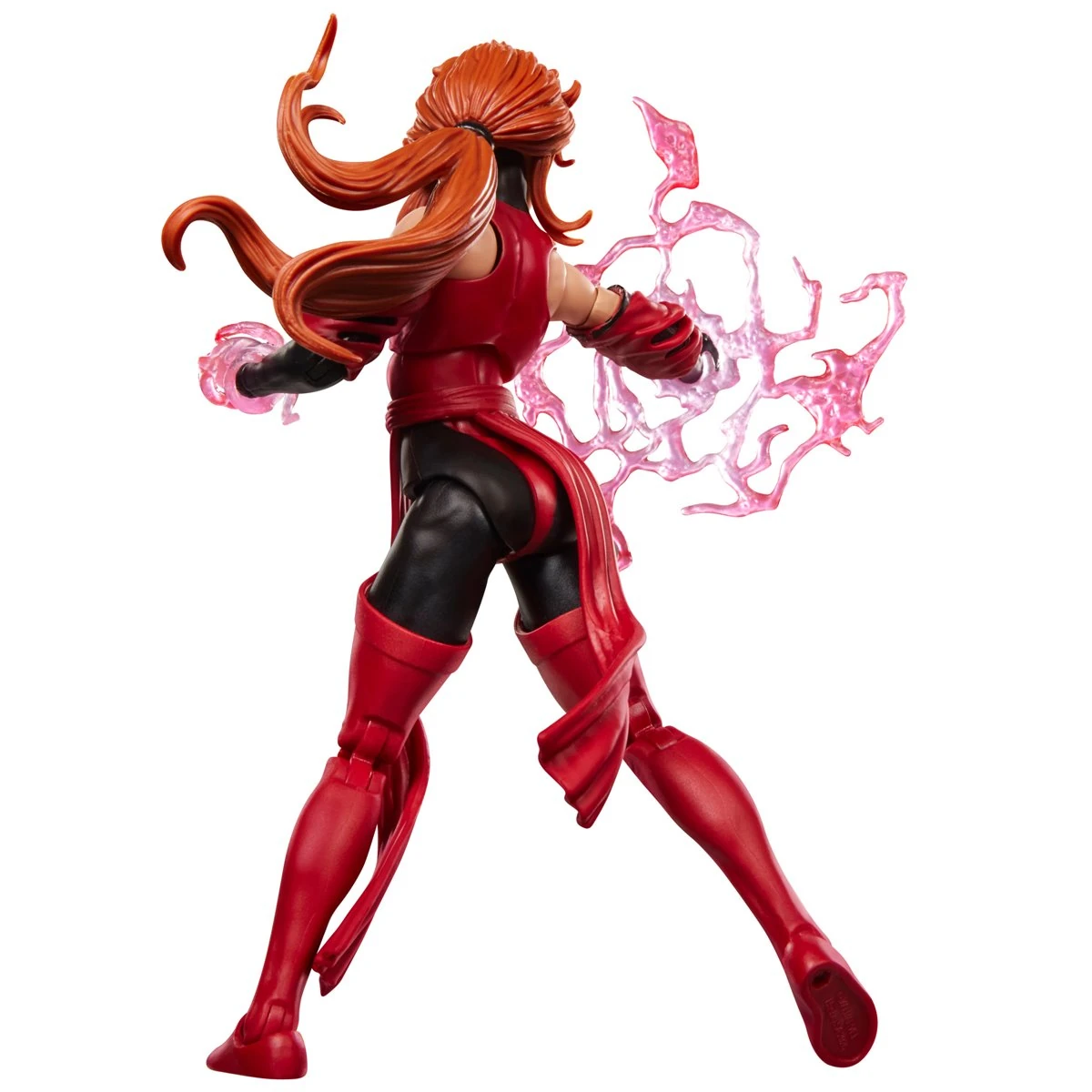 Rear view of the Marvel Legends Scarlet Witch action figure in a red and black costume with pink magic effects from Avengers: The Crossing.