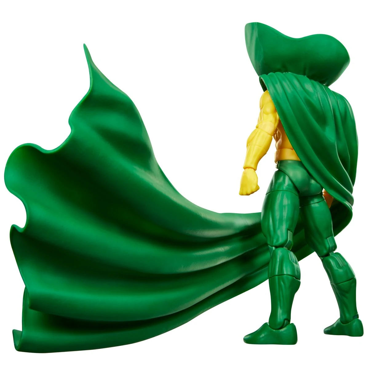 Rear view of the Marvel Legends Vision action figure with flowing green cape effect.