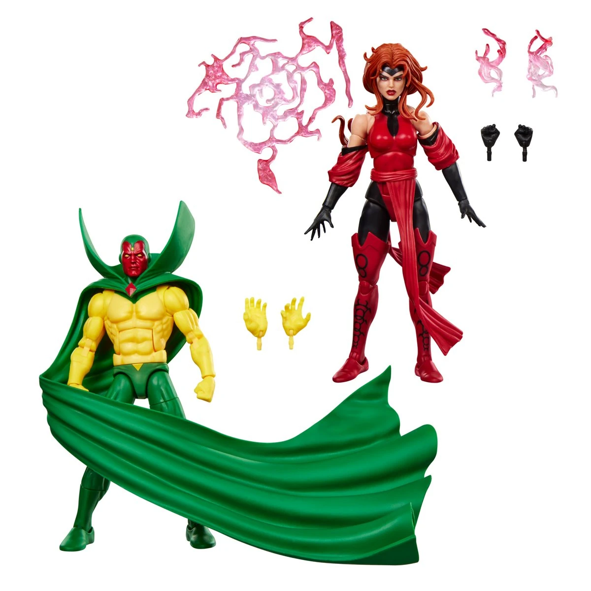 Marvel Legends Vision and Scarlet Witch figures with alternate hands and display accessories.
