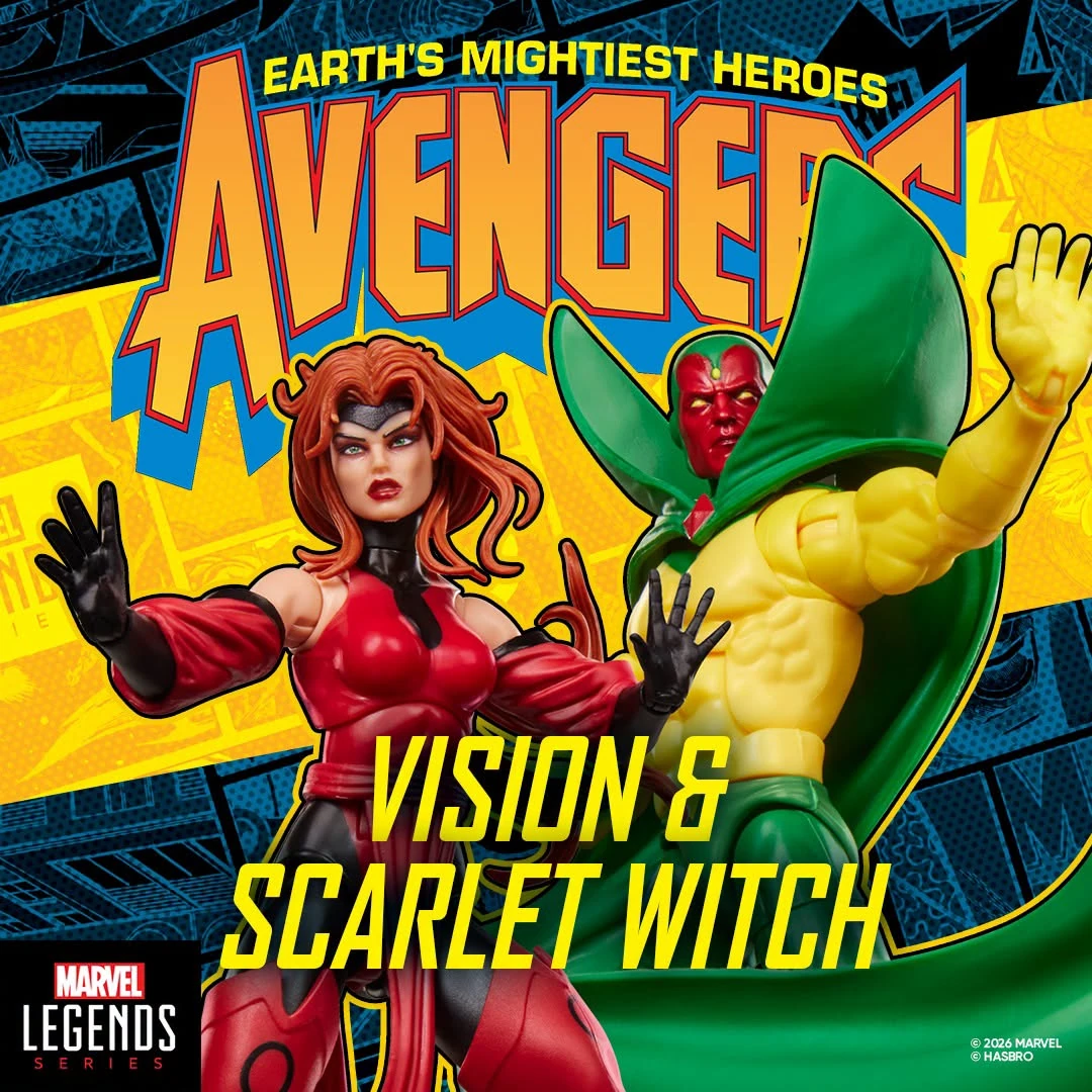 Official promotional image for the Marvel Legends Vision and Scarlet Witch Avengers: The Crossing action figures.