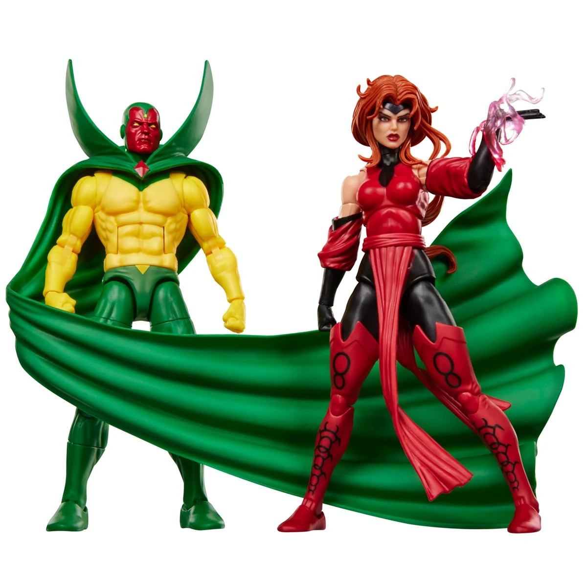 Marvel Legends Vision and Scarlet Witch displayed together with comic-inspired accessories.