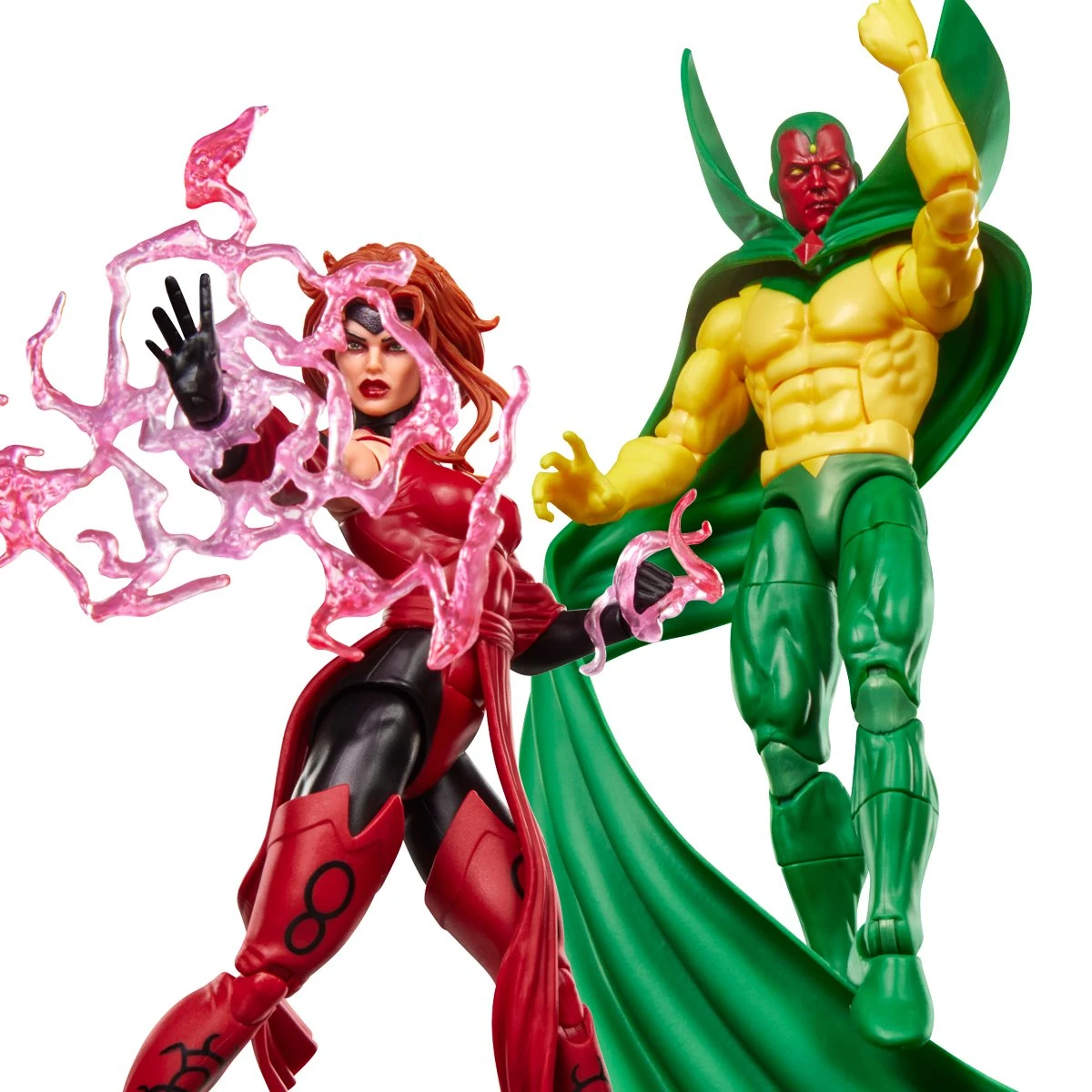 Vision and Scarlet Witch posed together with flight and magic effects from Marvel Legends Avengers: The Crossing.