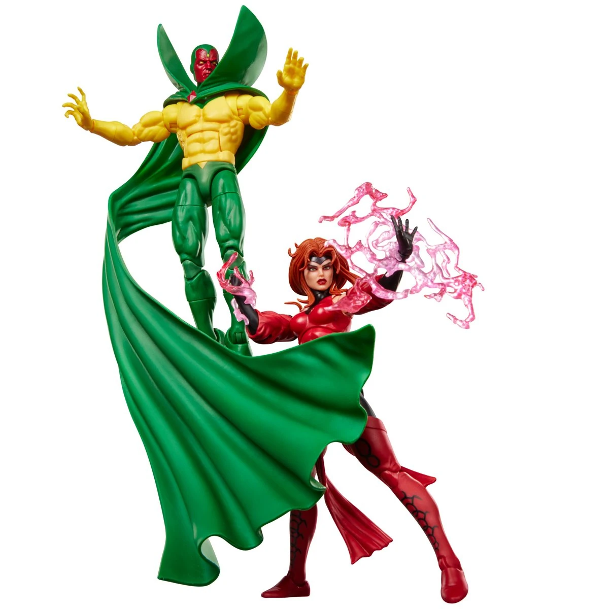 Marvel Legends Vision and Scarlet Witch action figures posed together with display effects from Avengers: The Crossing.