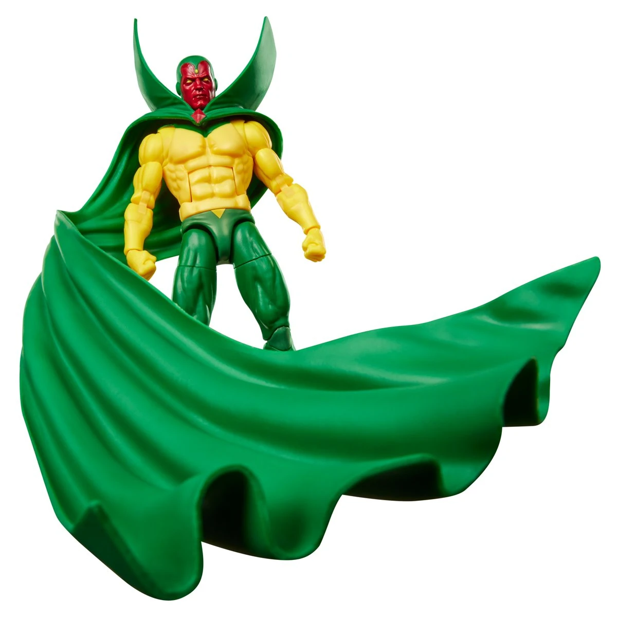 Marvel Legends Vision action figure with yellow and green costume on a floating display effect inspired by Avengers: The Crossing.
