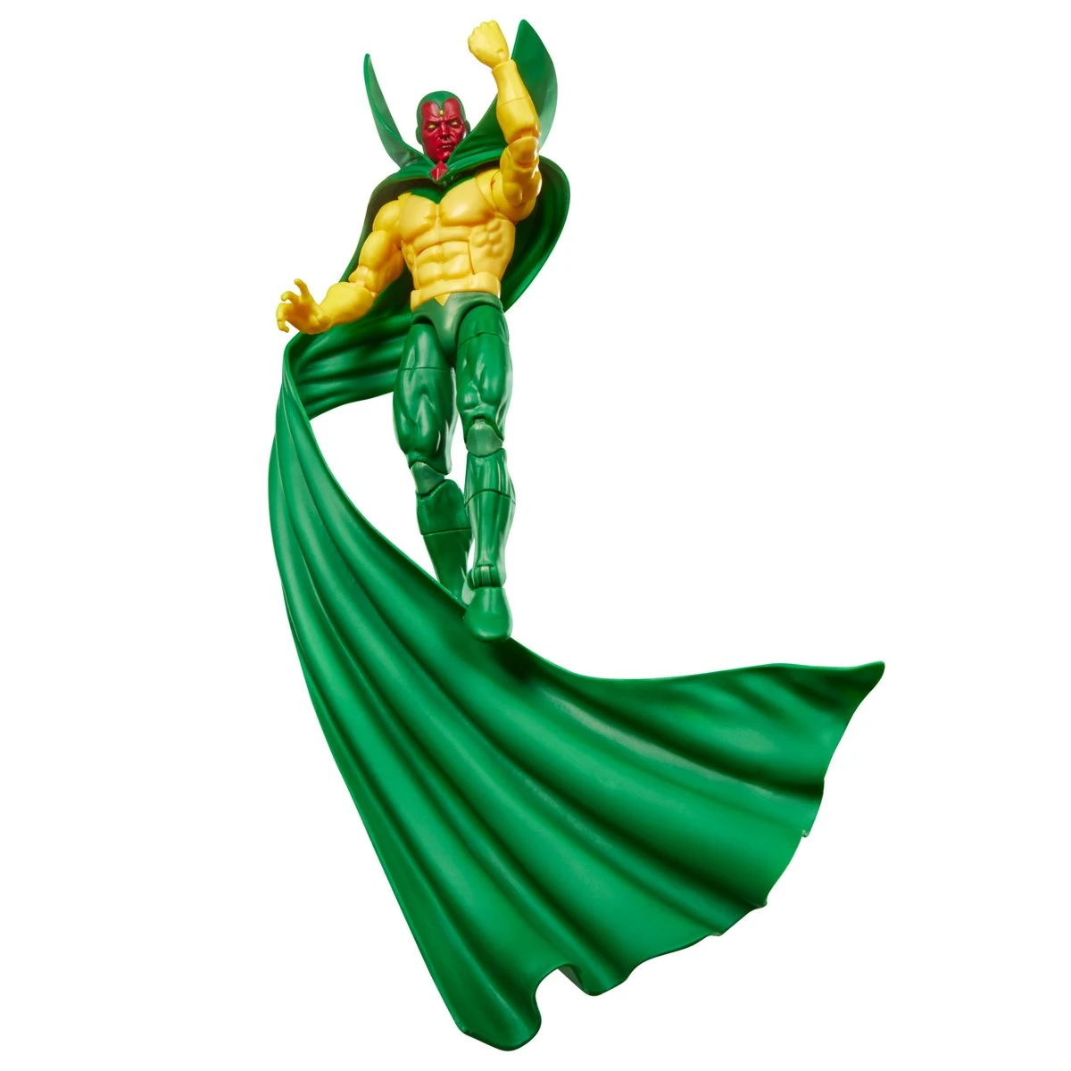 Front view of the Marvel Legends Vision action figure with green floating display effect.