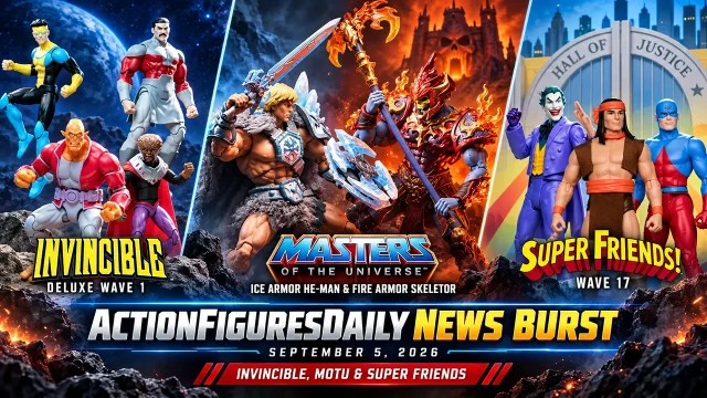 ActionFiguresDaily News Burst for September 5, 2026 featuring Super7 Invincible DELUXE Wave 1, Mondo Ice Armor He-Man and Fire Armor Skeletor, and McFarlane Super Friends Wave 17