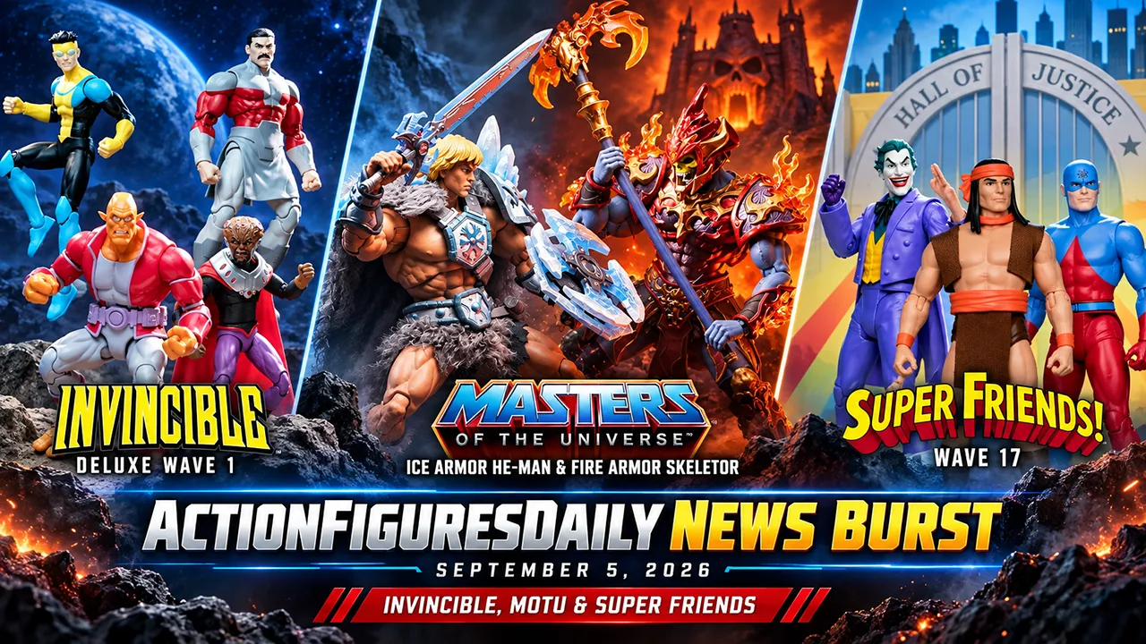 ActionFiguresDaily News Burst for September 5, 2026 featuring Super7 Invincible DELUXE Wave 1, Mondo Ice Armor He-Man and Fire Armor Skeletor, and McFarlane Super Friends Wave 17