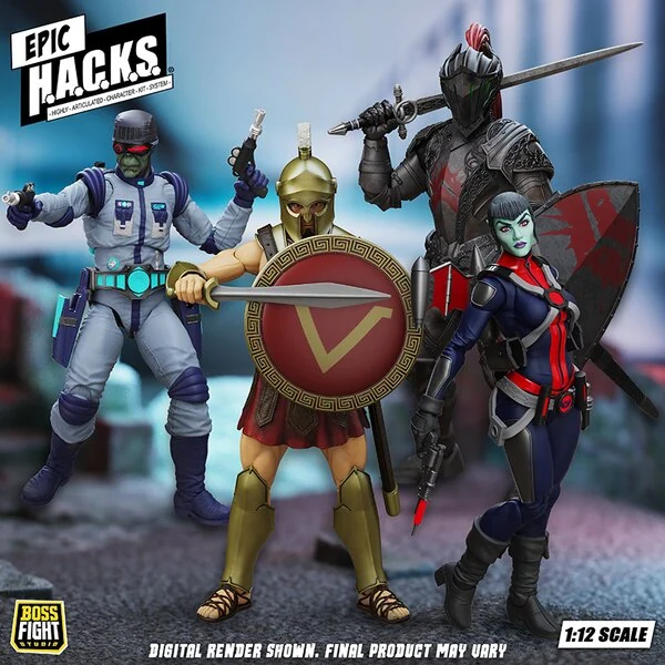 Boss Fight Studio Epic H.A.C.K.S. Wave 2 action figures featuring Rand Arora, Mercy Zaleska, Spartan Warrior and Dire Knight