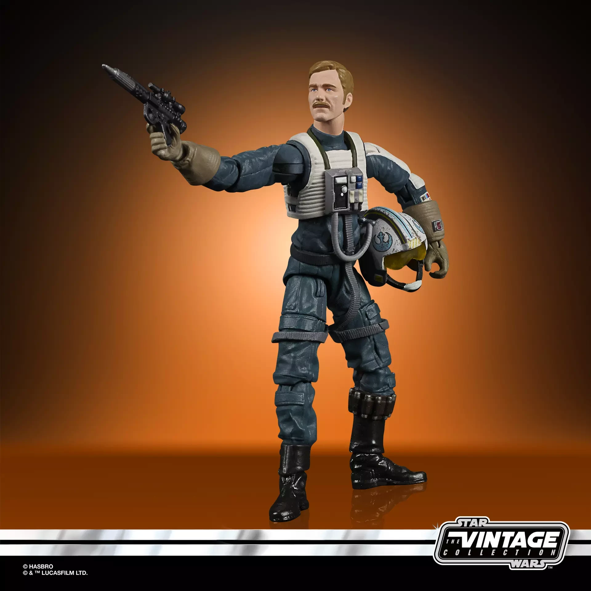 Antoc Merrick action figure in a blue-gray flight suit posed with his blaster and helmet