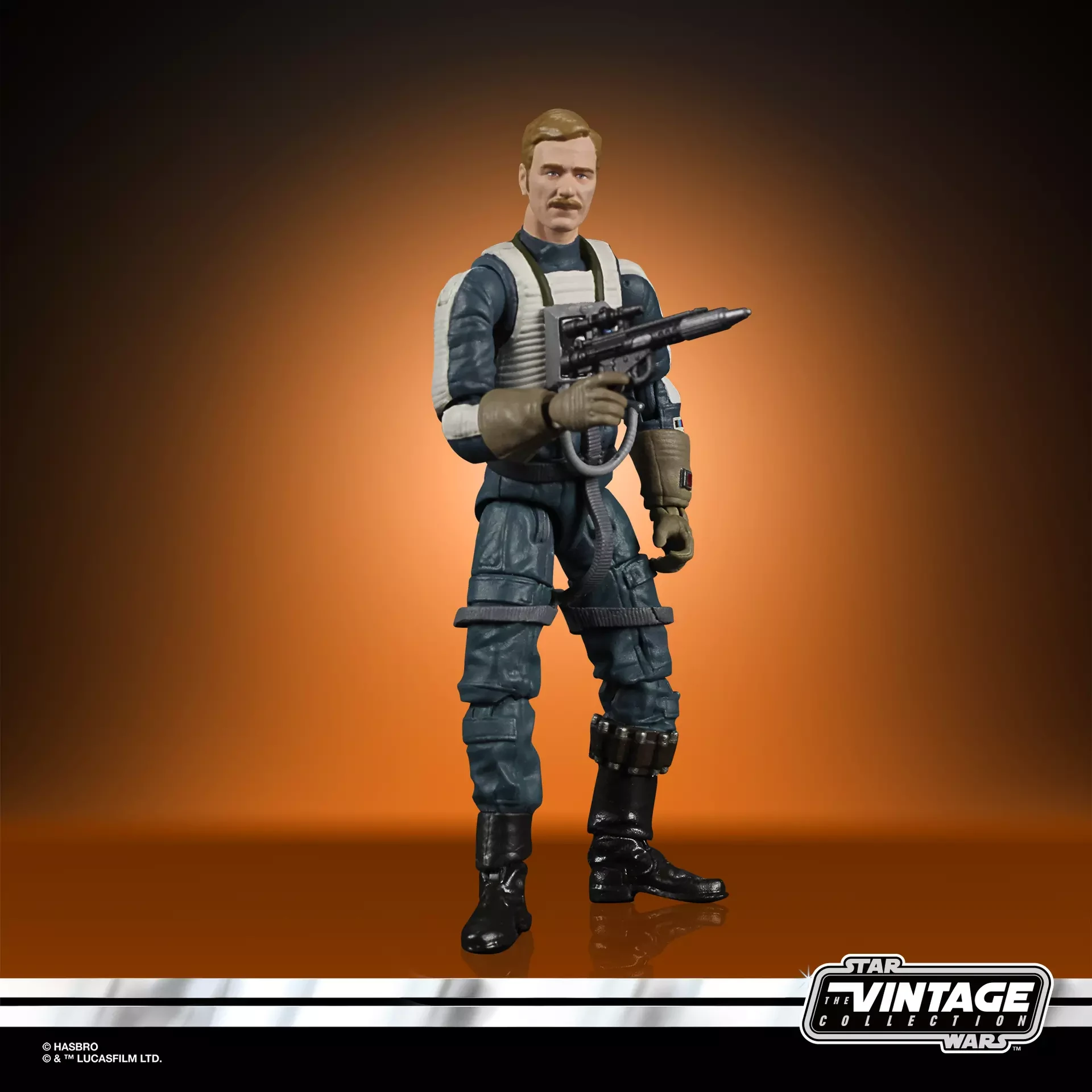 Antoc Merrick action figure in a blue-gray Rebel flight suit holding a blaster
