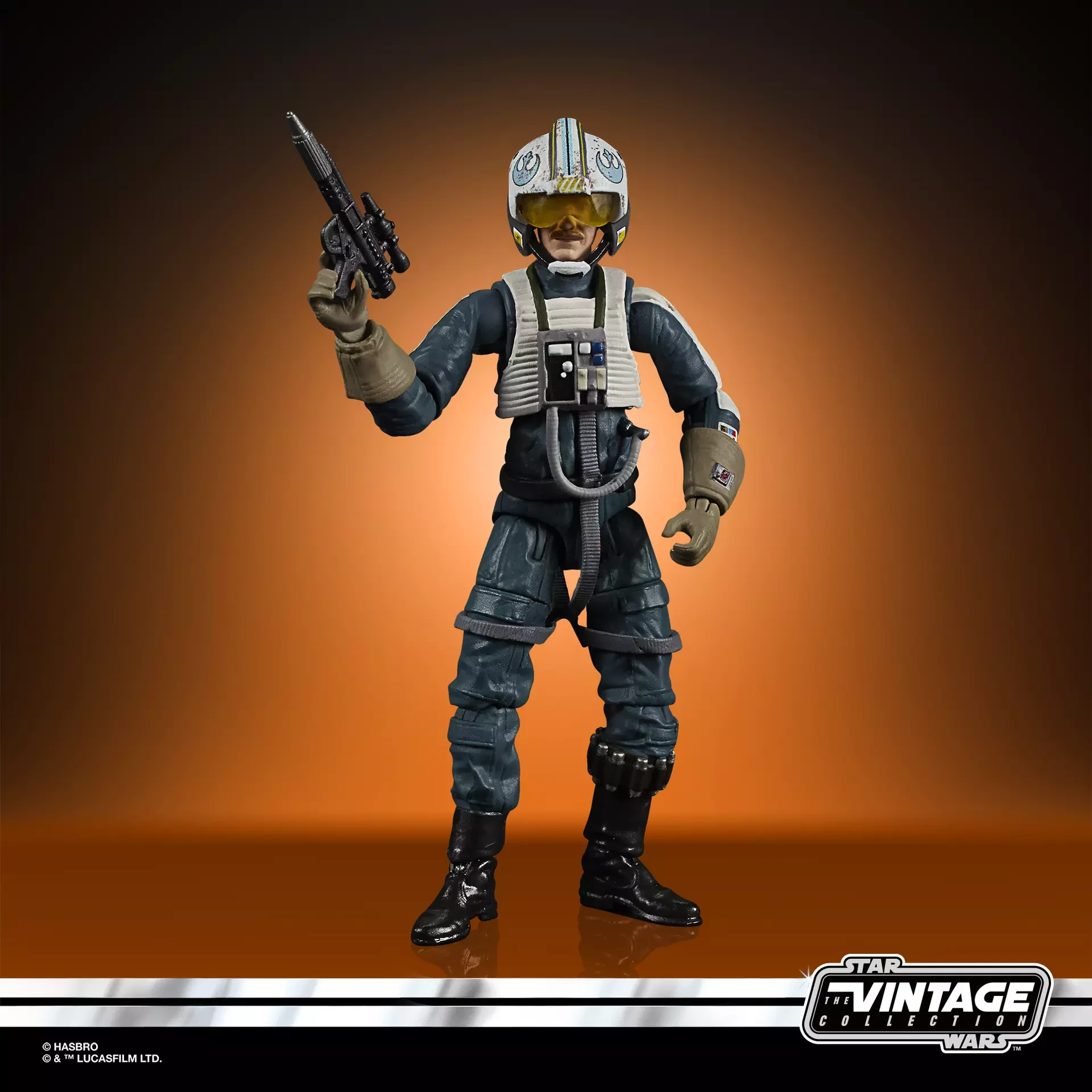 Antoc Merrick action figure wearing his Rebel pilot helmet and blue-gray flight suit