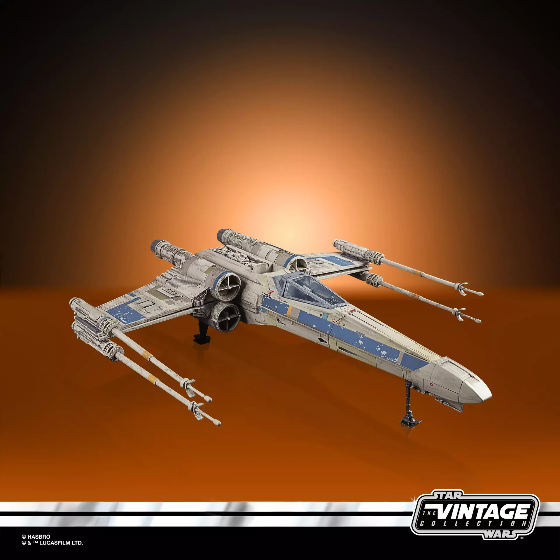 Antoc Merrick’s blue and gray X-Wing Fighter shown from the front
