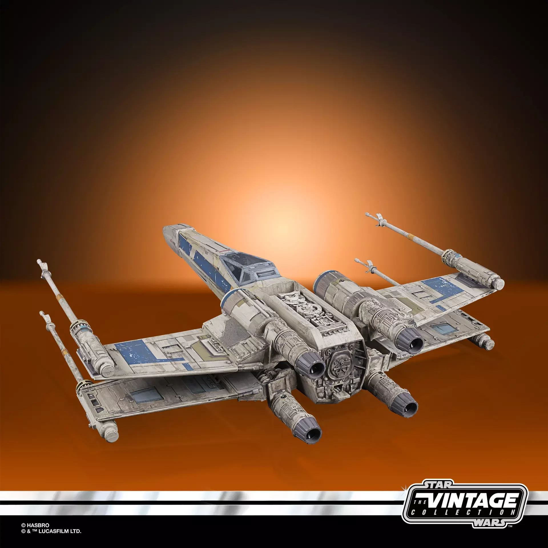 Antoc Merrick’s blue and gray X-Wing Fighter with S-foils open from the rear