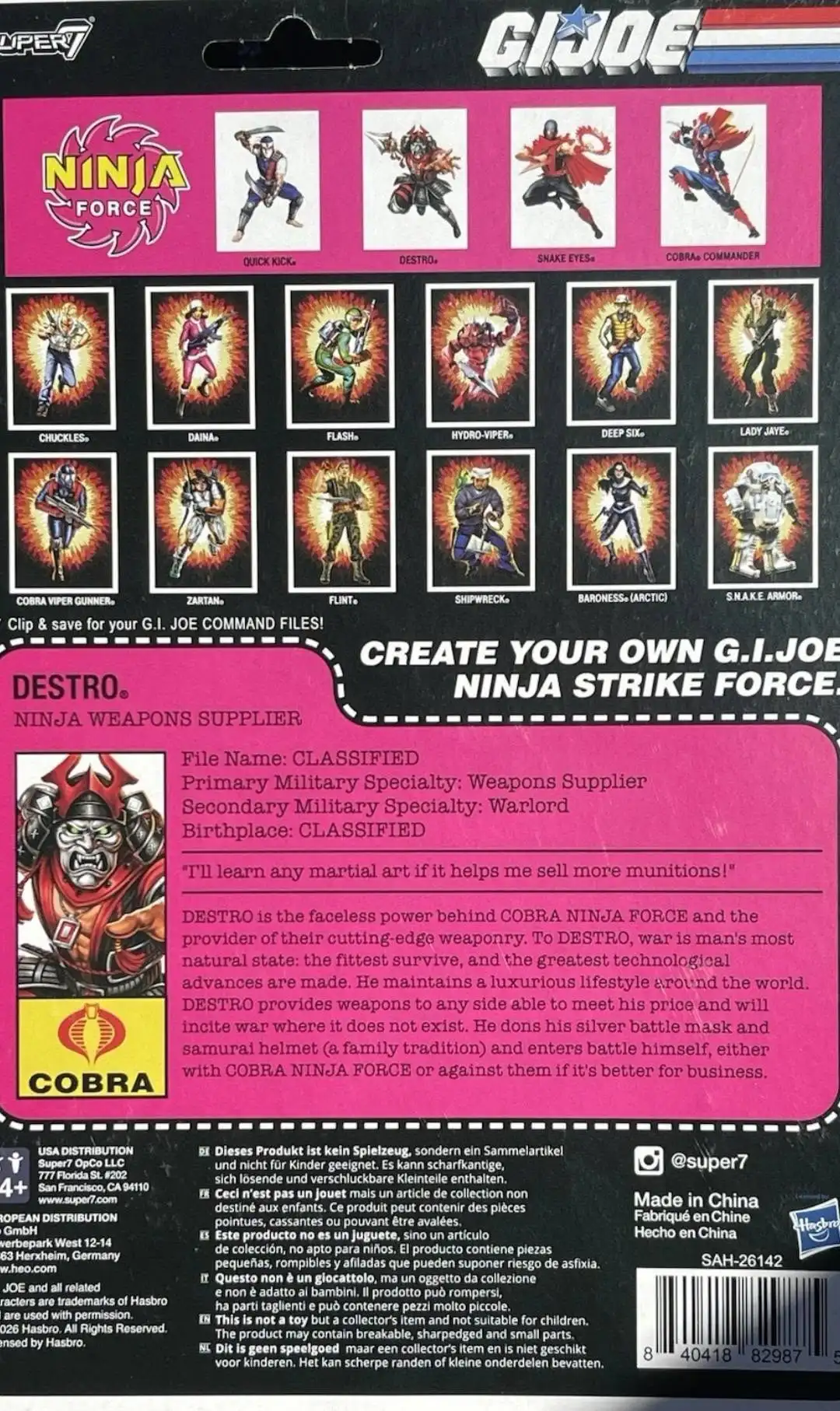 Super7 G.I. Joe ReAction+ Ninja Force Destro card back showing Wave 10 figures